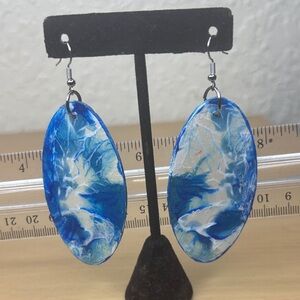 Blue and White Oval Drop Earrings - Lightweight Artistic Dangle